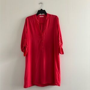LUSH Dress Red V Neck Tunic Shift Button Roll Tab Women M Minimalist Classic USA